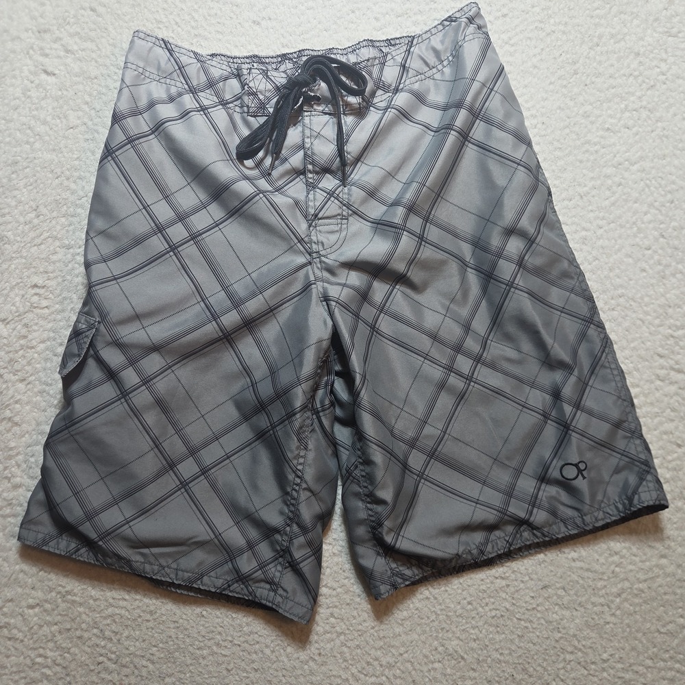 OP (Ocean Pacific) Men's Grey Plaid Board Shorts/Swim Trunks Size 30 Y2K